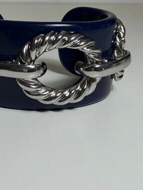 Navy Blue Resin Cuff Bracelet with Silver Tone Rope Link Design